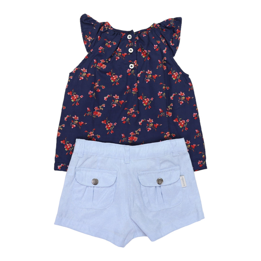 Navy Floral Blouse and Light Short Set