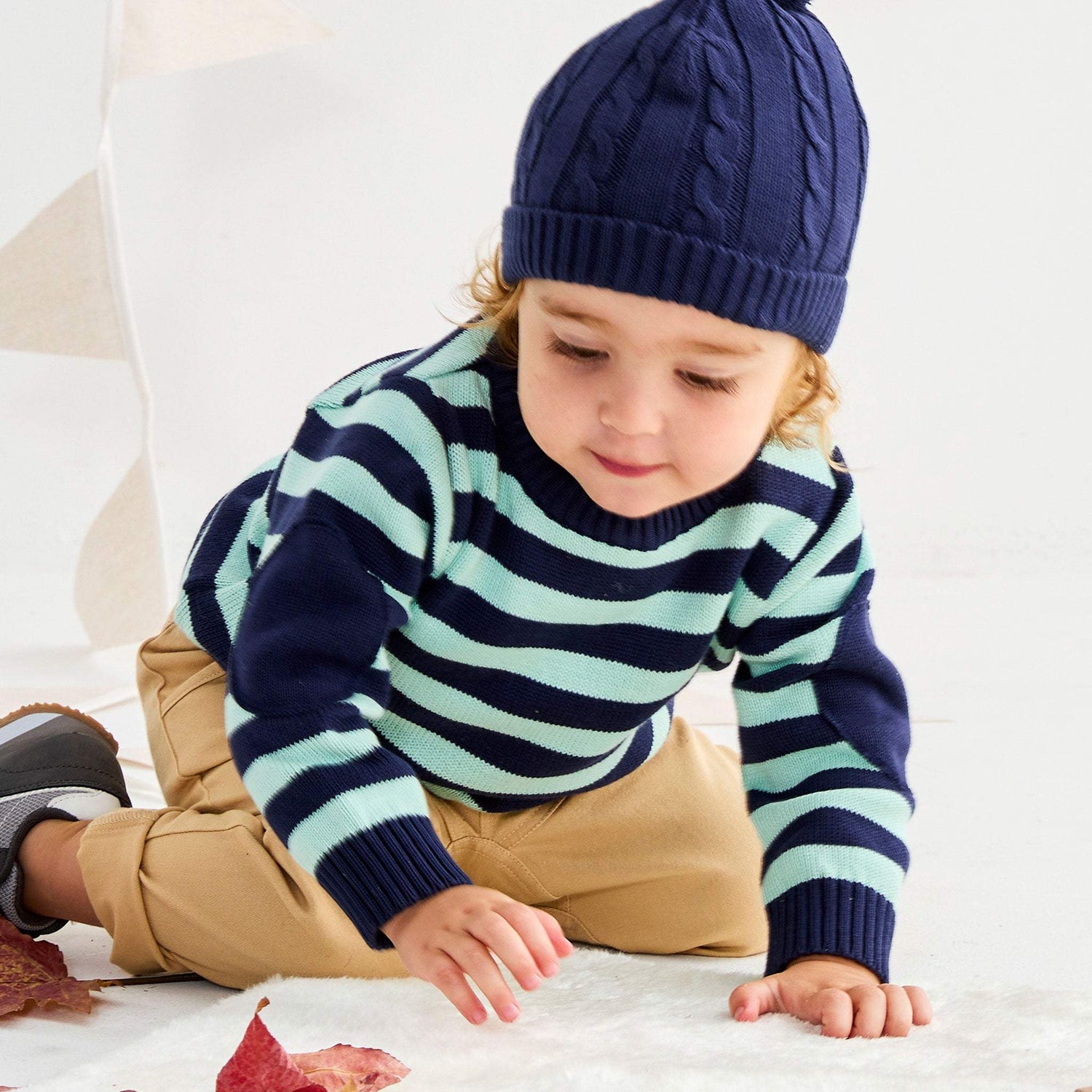 Cotton Knit Striped Sweater Green/Navy