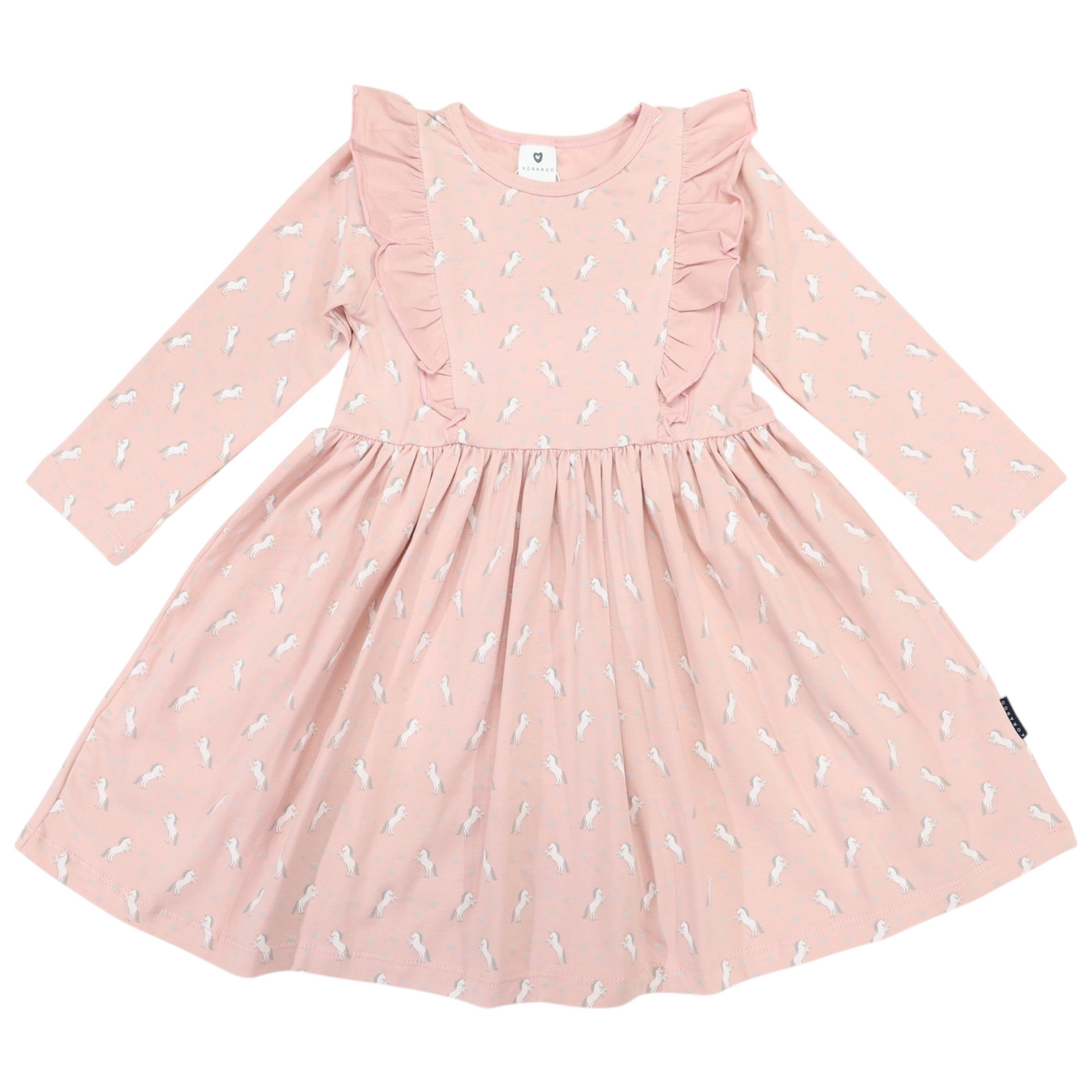 Unicorn Cotton Frill Long Sleeve Dress Dusty Pink