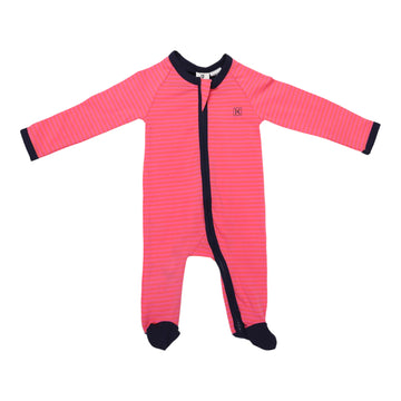 Cotton Stretch Long Sleeve Romper with Zip - Pink/Orange Stripe