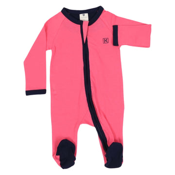 Cotton Stretch Long Sleeve Romper with Zip - Pink/Navy