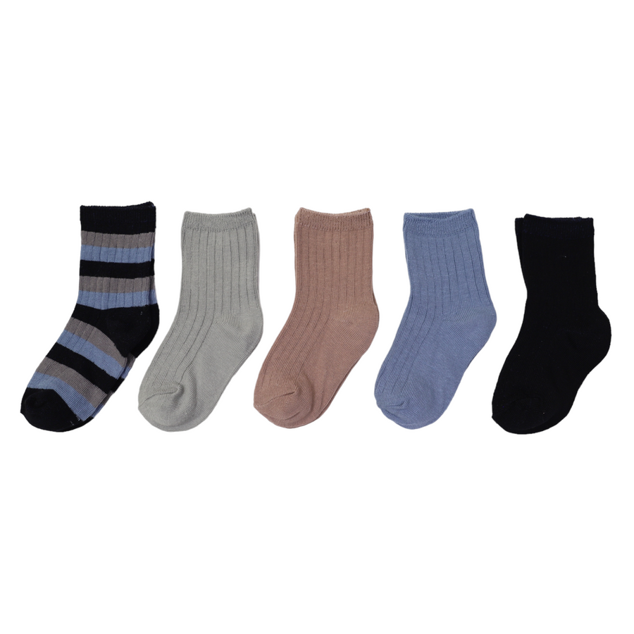 Ribbed Socks 5pk Plain with Navy Stripe