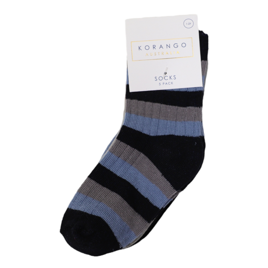 Ribbed Socks 5pk Plain with Navy Stripe