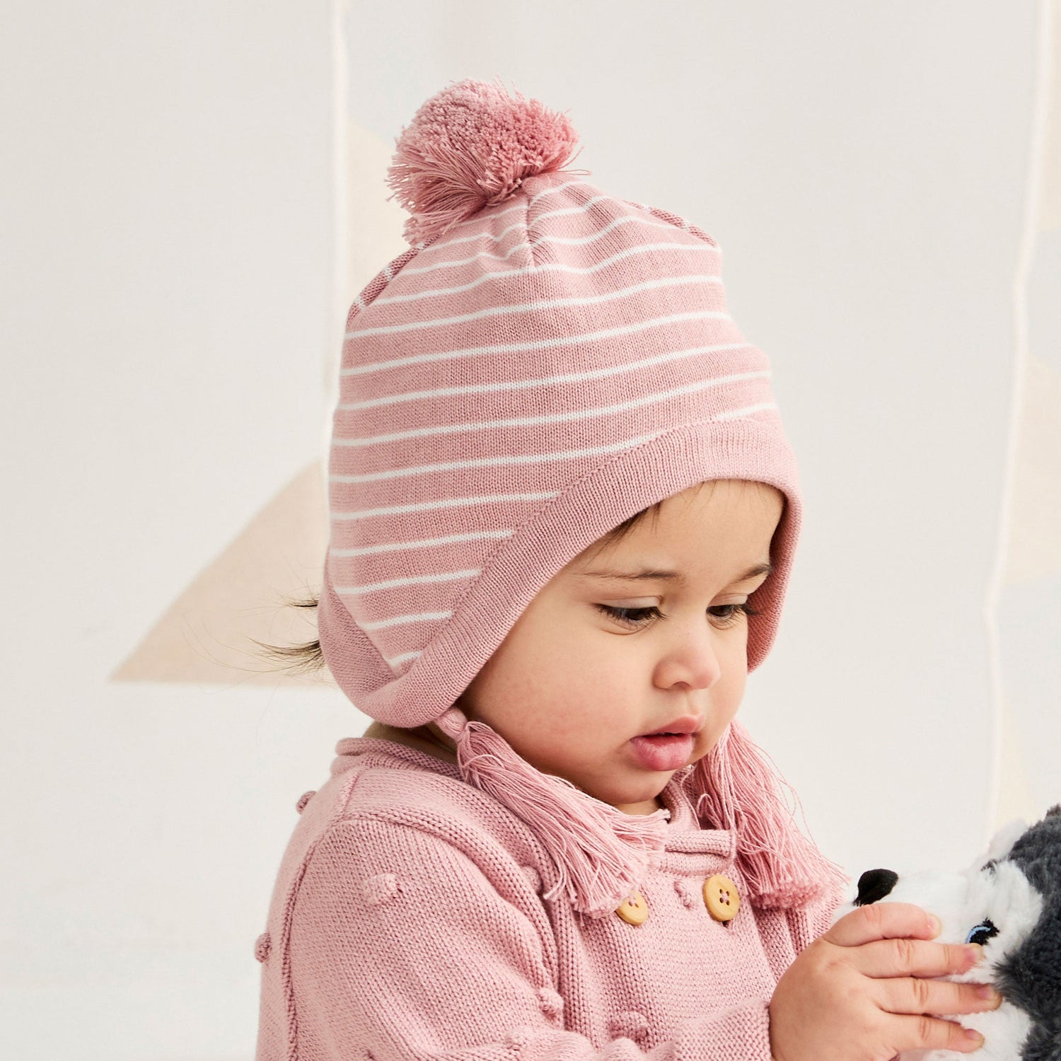 Knit Beanie Pink Stripe with Tassels