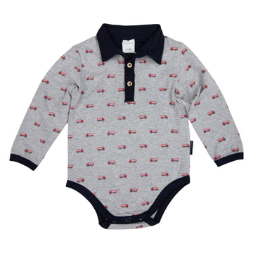 Fire Truck Print Collared Bodysuit Grey Marle