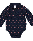 Fire Truck Print Collared Bodysuit Navy