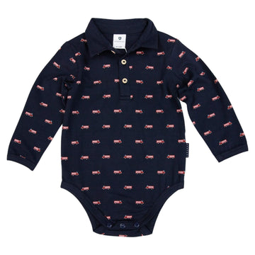 Fire Truck Print Collared Bodysuit Navy